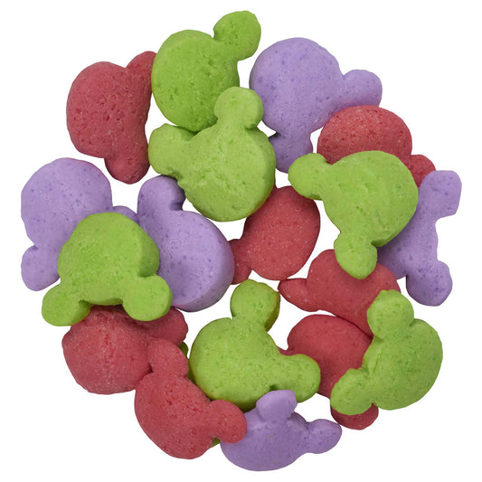A playful assortment of Mickey Mouse-shaped quin sprinkles in pastel green, purple, and red, perfect for decorating festive cakes and desserts.