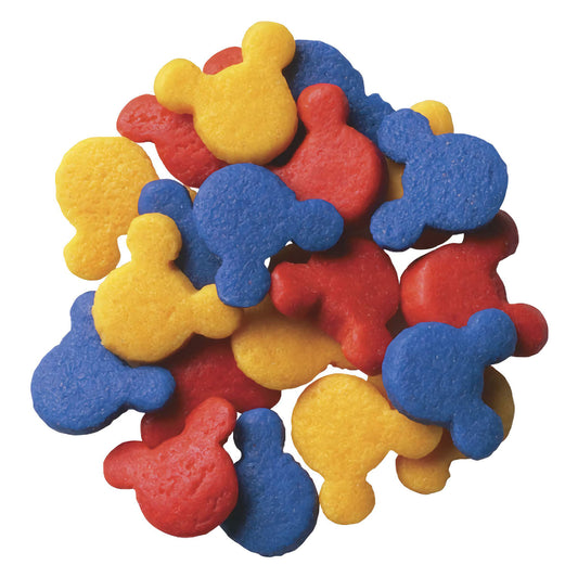 A colorful collection of Mickey Mouse-shaped quin sprinkles in primary colors of red, blue, and yellow, ideal for playful cake and cupcake decorations