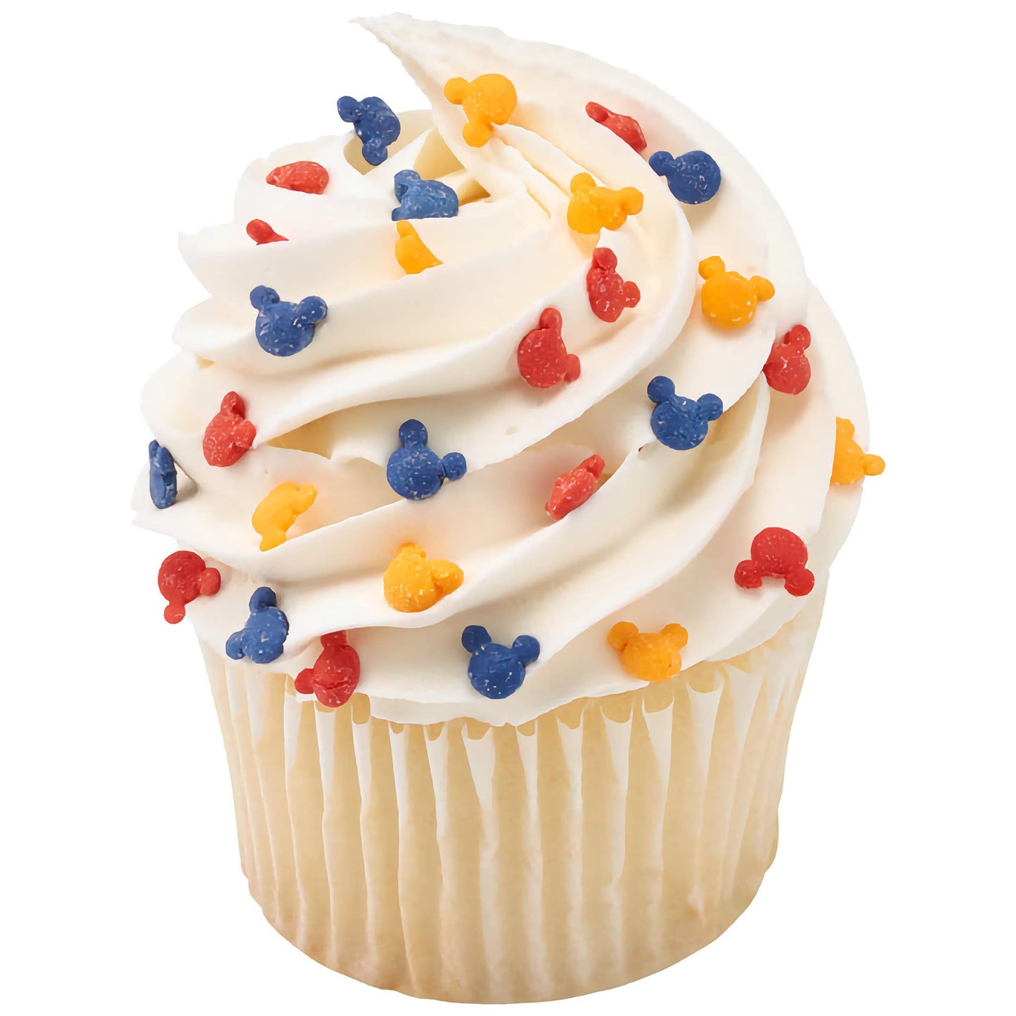 A cupcake with creamy white frosting, decorated with Mickey Mouse-shaped quin sprinkles in red, blue, and yellow, adding a fun and whimsical touch to the dessert.