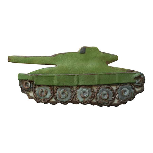 Decorated tank-shaped cookie featuring green icing with textured wheels and military details.