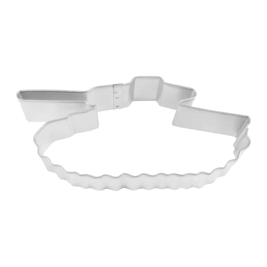 Tank-shaped cookie cutter with a ridged bottom and detailed turret design.