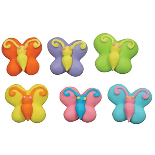 Vibrant royal icing butterflies in dual-tone color schemes with decorative swirls, suitable for cake decorating and confectionery crafts.