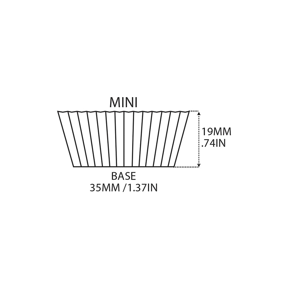 Diagram of mini cupcake baking cup with measurements showing 1.37-inch base diameter and 0.74-inch height.