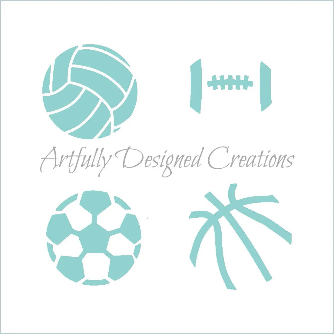 Mini sports balls cake stencil showing four teal cut-out designs—volleyball, football, soccer ball, and basketball—on a white stencil sheet with “Artfully Designed Creations” text.