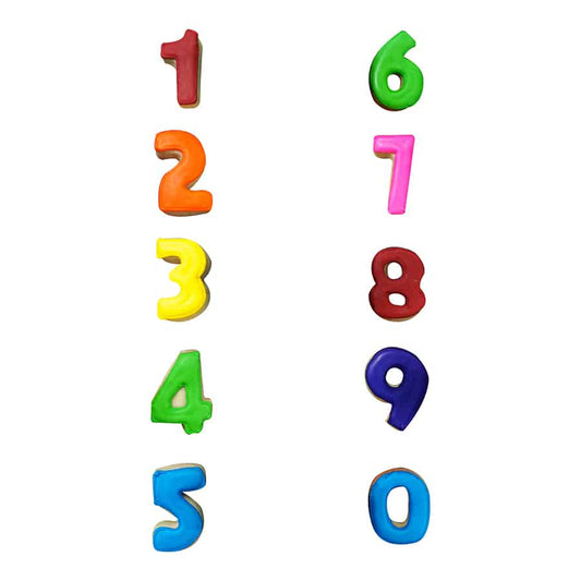 Colorfully iced number-shaped cookies arranged in two vertical rows.