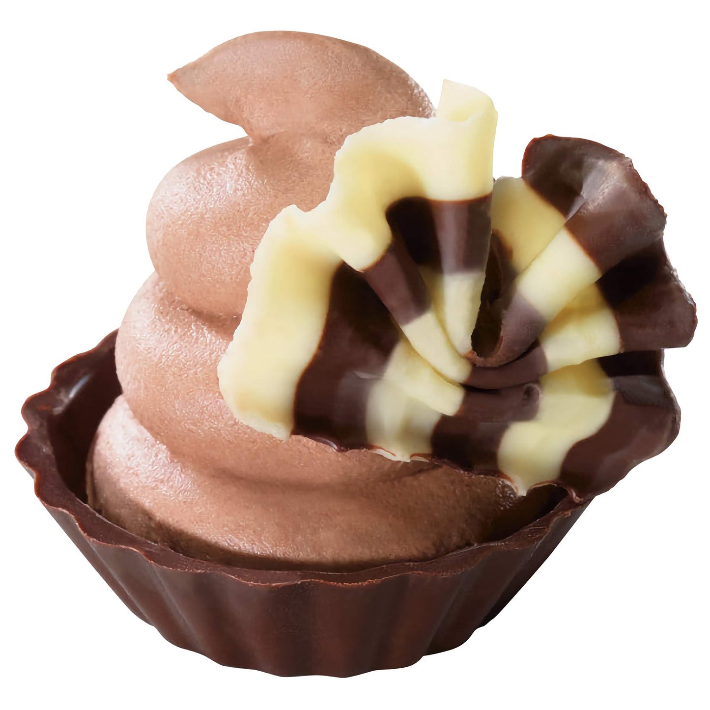 Elegant dark and white Belgian chocolate shavings atop a rich chocolate dessert cup, demonstrating a stylish and appealing chocolate dessert option.