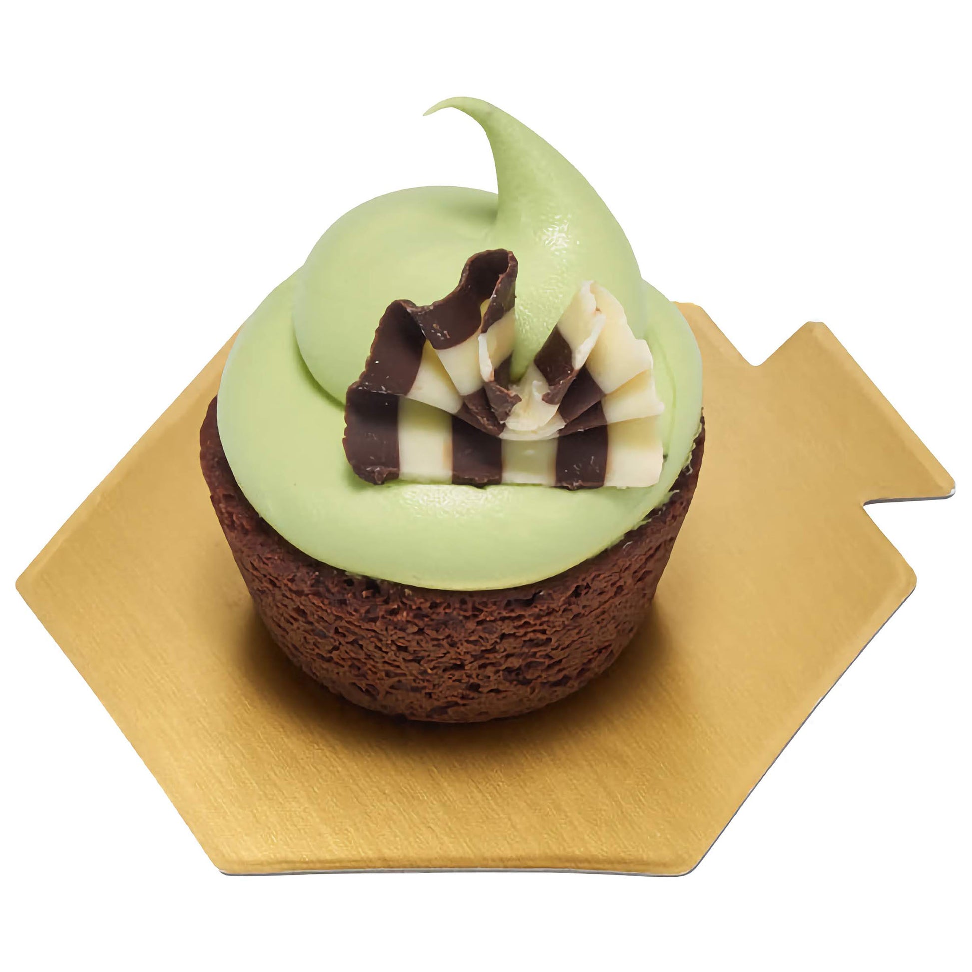 Gourmet mini forest dark and white Belgian chocolate shavings on a chocolate cupcake topped with vibrant green frosting, suitable for festive and deluxe dessert menus.
