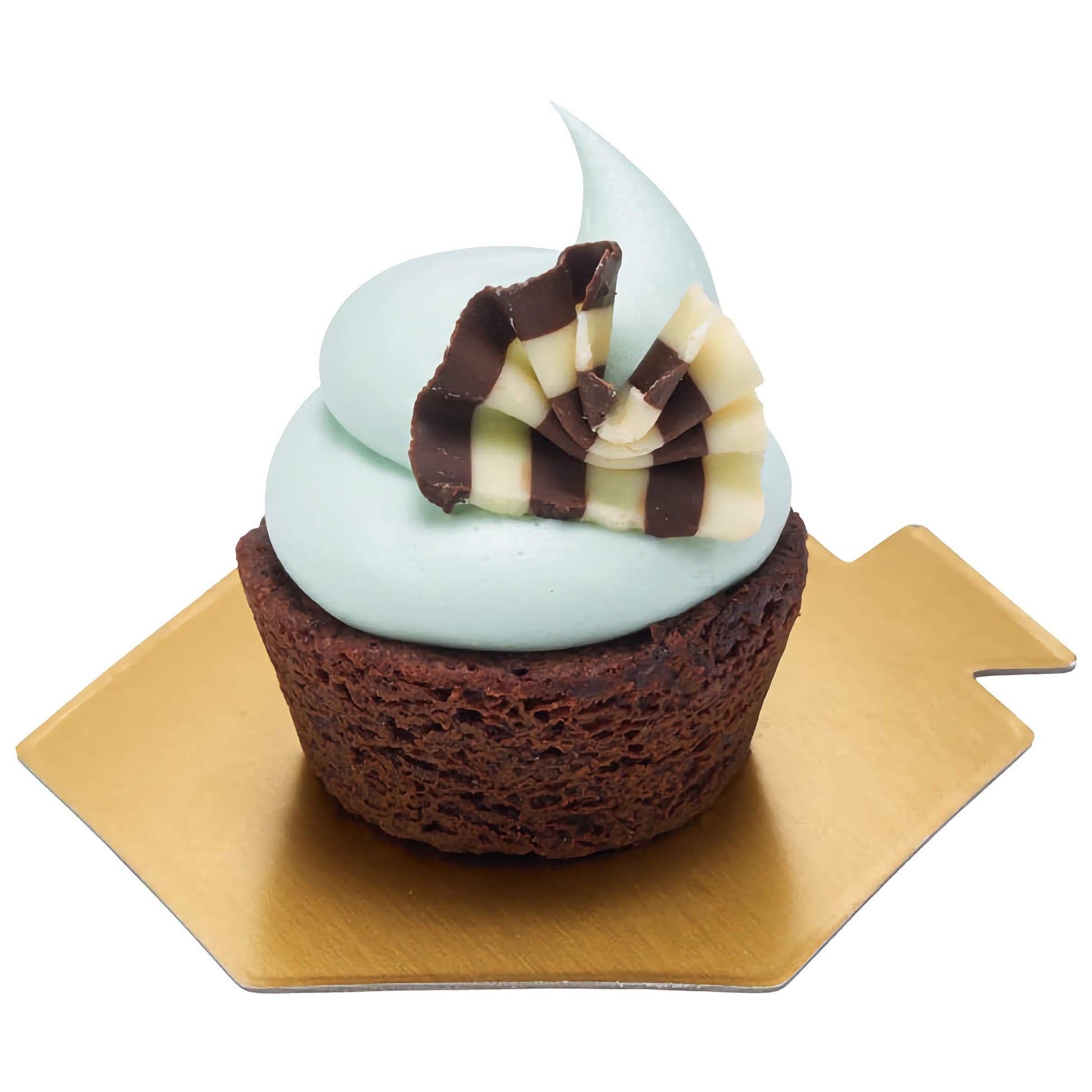 Stylish mini forest shavings of dark and white Belgian chocolate on a chocolate cupcake with smooth blue frosting, perfect for sophisticated bakery offerings.