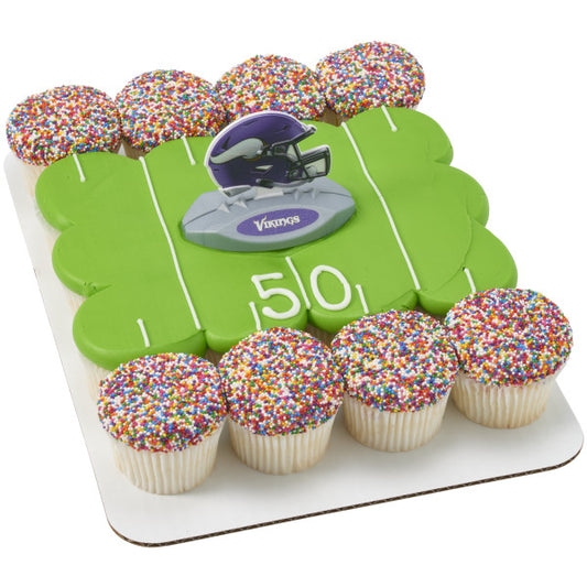 football field-themed cupcake cake with a Vikings helmet topper at the center.