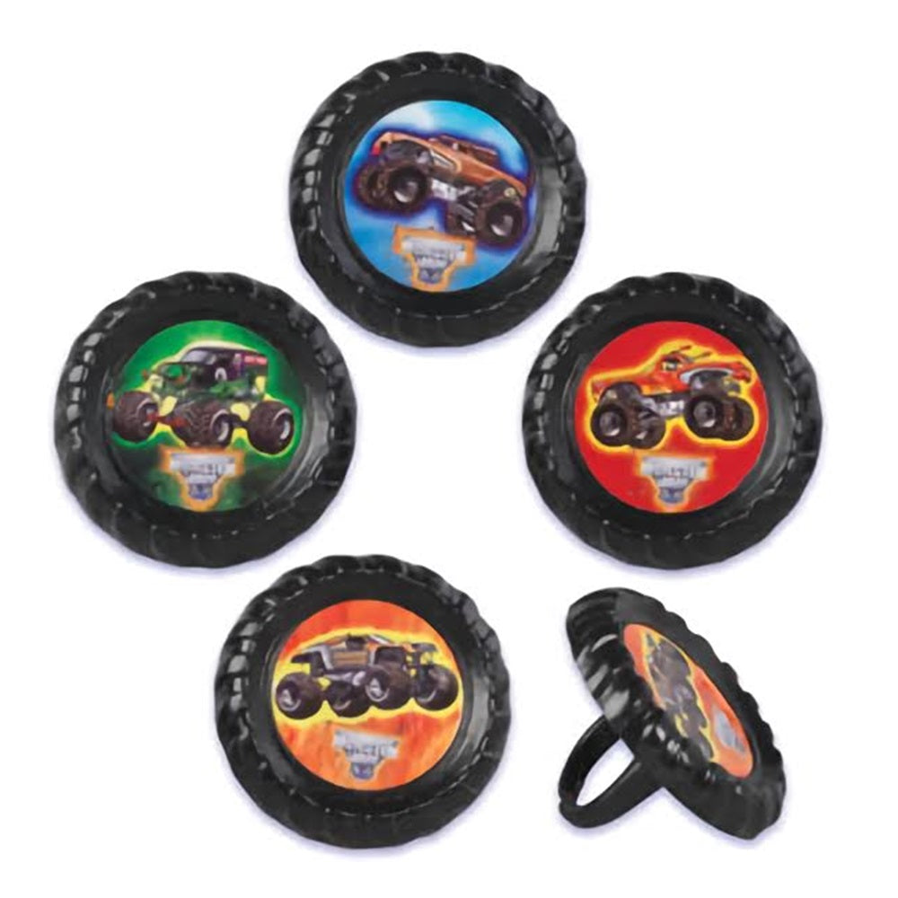 Assorted Monster Truck Jam cupcake topper rings, each ring featuring a different colorful monster truck design encircled by a black tire, ready to decorate cupcakes for a monster truck rally party. 