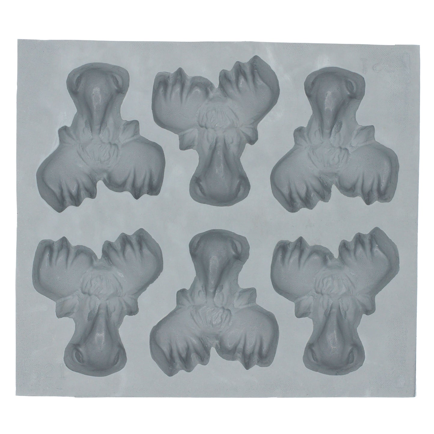 Full sheet of moose head rubber mint molds with six large antlered moose designs for themed candy or mint making