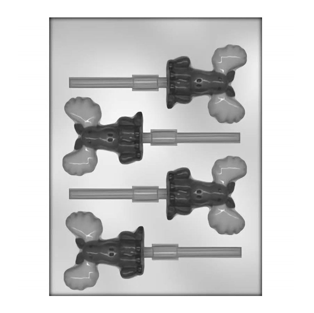 Image displays a plastic chocolate sucker mold with four cavities, each designed to create a detailed moose head with impressive antlers. The mold includes built-in stick holders for easy creation of chocolate lollipops. Each moose design showcases a friendly face, adding a touch of whimsy to your homemade chocolate treats.