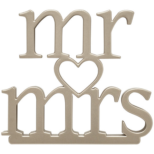 Gold "Mr. & Mrs." cake topper with a heart detail in the center, perfect for weddings and anniversaries.