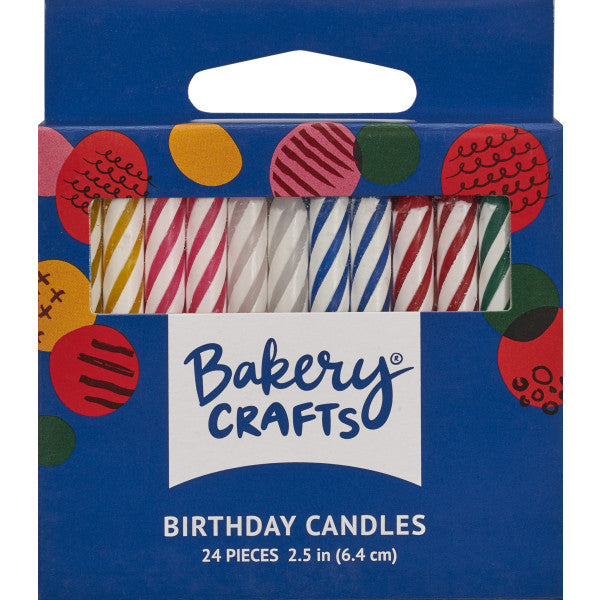 Package of 24 multi-color striped birthday candles with spiral design in pink, yellow, blue, and white, each candle measuring 2.5 inches tall.