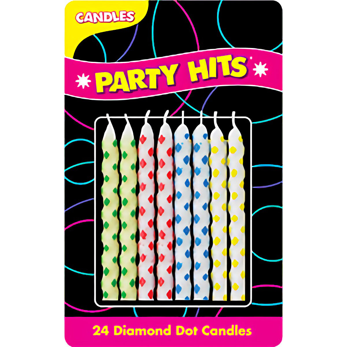 Pack of 24 Multi-Colored Diamond Dot Birthday Candles, each 2 1/2 inches tall, featuring vibrant dots in green, red, blue, and yellow, perfect for adding a festive touch to any celebration.