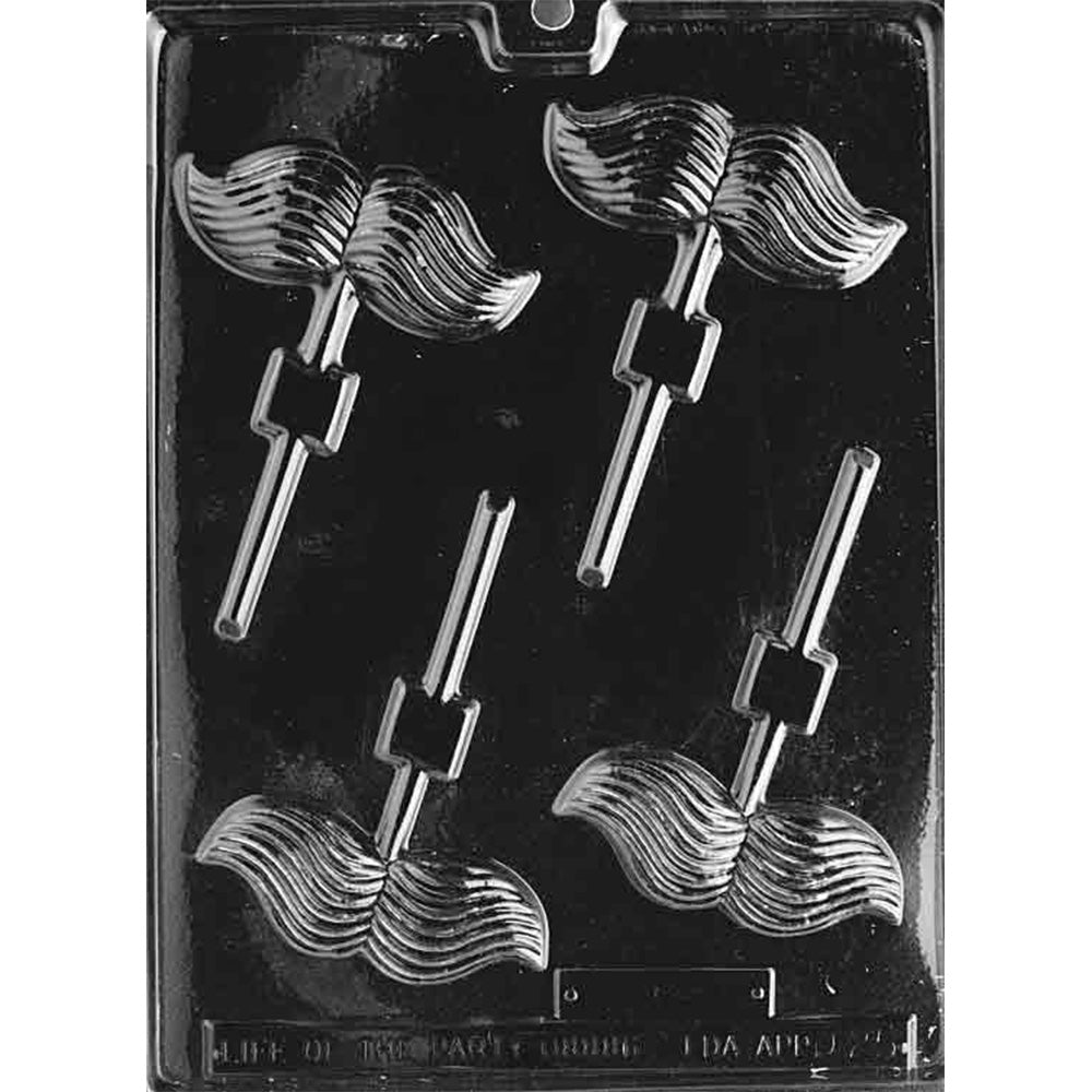 Chocolate lollipop mold with four detailed mustache shapes, each designed to create a fun mustache-shaped chocolate pop.