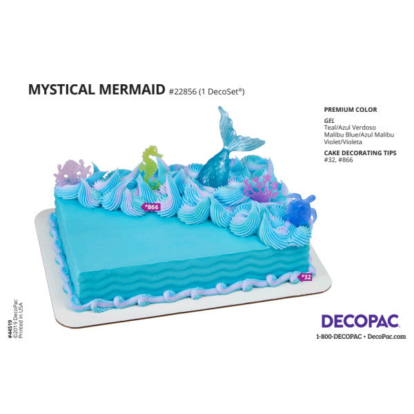 decorating instruction image for DecoPac Mystical Mermaid Cake Topper Set showing a decorated blue cake with labeled gel colors and decorating tips.