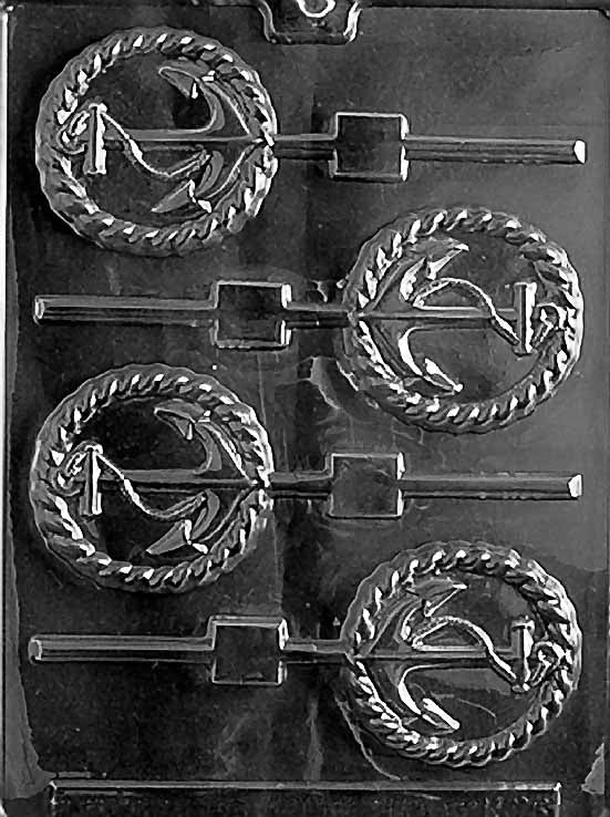 Chocolate mold N028 Anchor Lollipop showing round disc pop with embossed anchor centered; smooth rim and crisp lines.