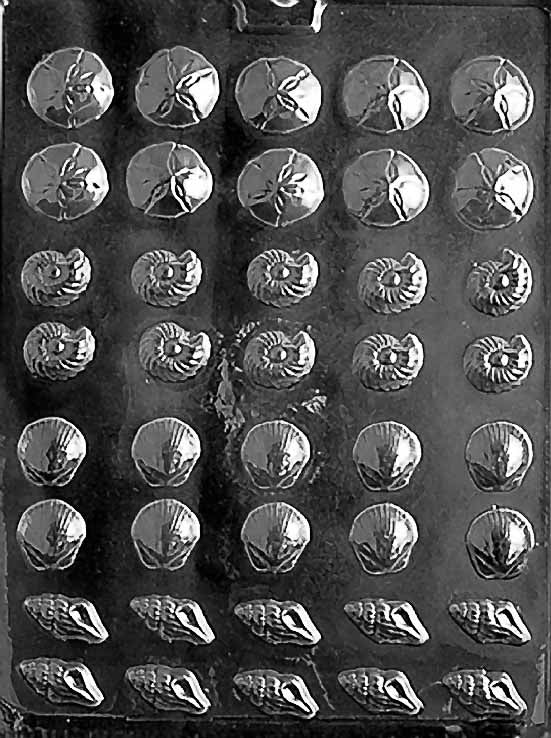 Chocolate mold N033 Tiny Shell Assortment featuring assorted miniature shell shapes with fine ridges.