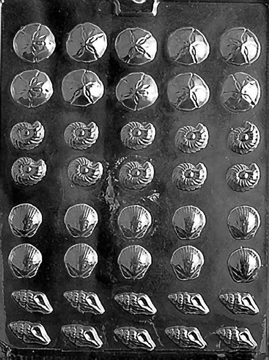 Chocolate mold N033 Tiny Shell Assortment featuring assorted miniature shell shapes with fine ridges.