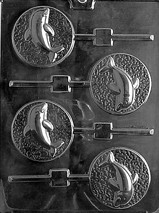 Chocolate mold N035 Dolphin Lollipop featuring circular pop cavity with raised dolphin silhouette.