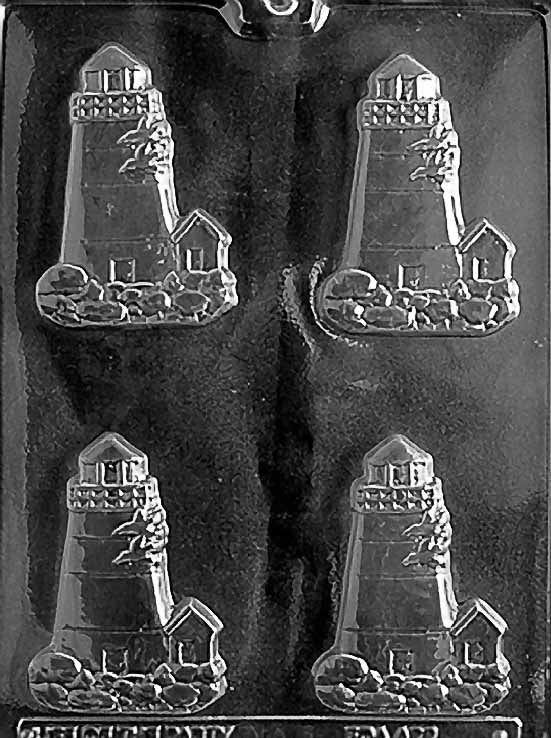 Chocolate mold N043 Lighthouse showing tiered tower, windows, and lantern cap in relief.