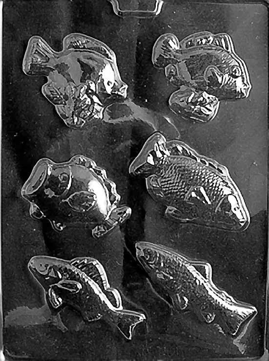 Chocolate mold N044 Assorted Fish with several fish silhouettes, fins and scale textures varied across cavities.