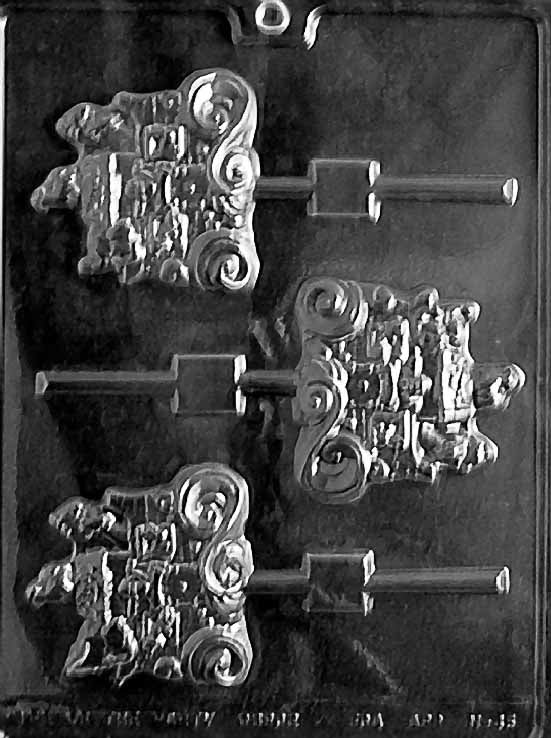 Chocolate mold N045 Noah’s Ark Lollipop with square pop cavity embossed with ark and wave details.