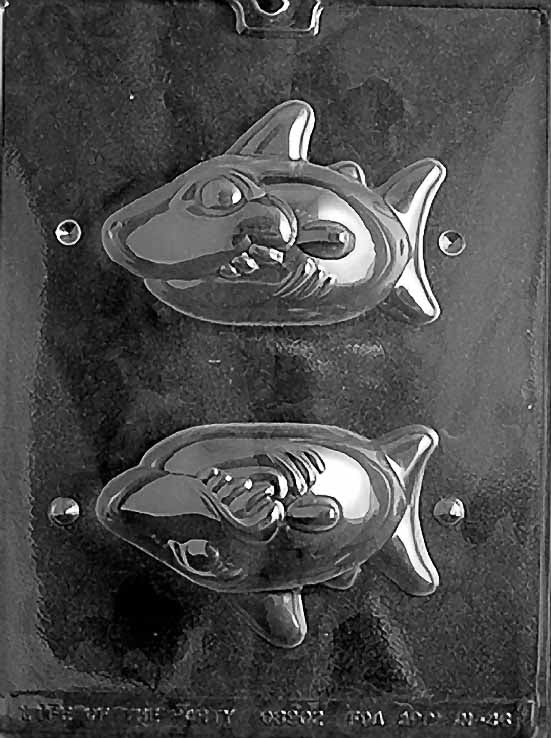 N046 SHARK chocolate mold with a single large shark cavity showing dorsal fin, tail, and rounded snout, ideal for nautical candy making.