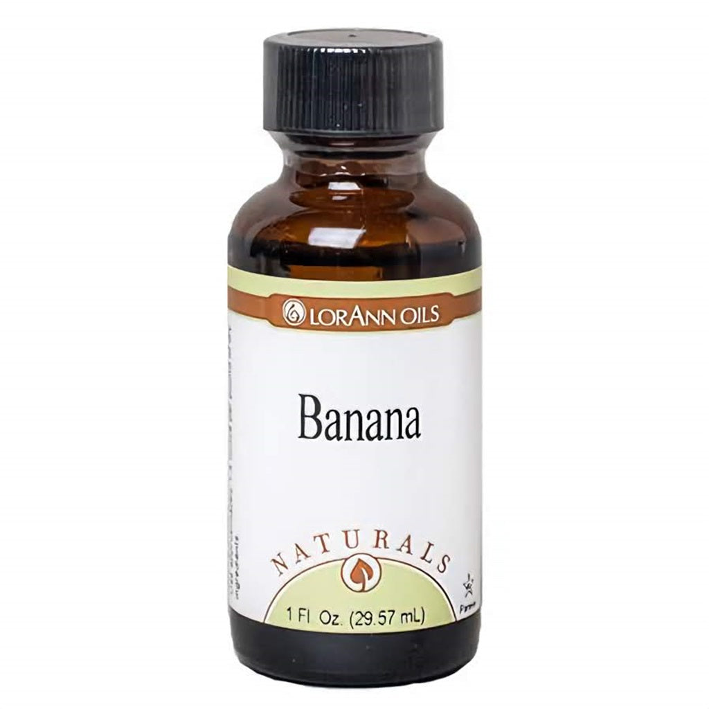 1 oz amber glass bottle of LorAnn Natural Banana Flavor with a black cap and a clean white label featuring the "Naturals" branding. Ideal for baking and candy making.