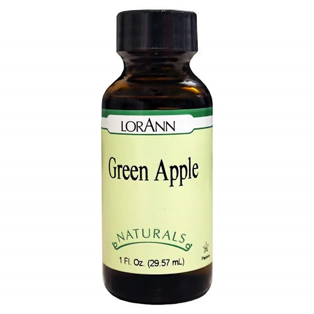 1 oz amber bottle of LorAnn Natural Green Apple Flavor with black cap and green-accented cream label reading “Green Apple.” Ideal for baking and candy making.