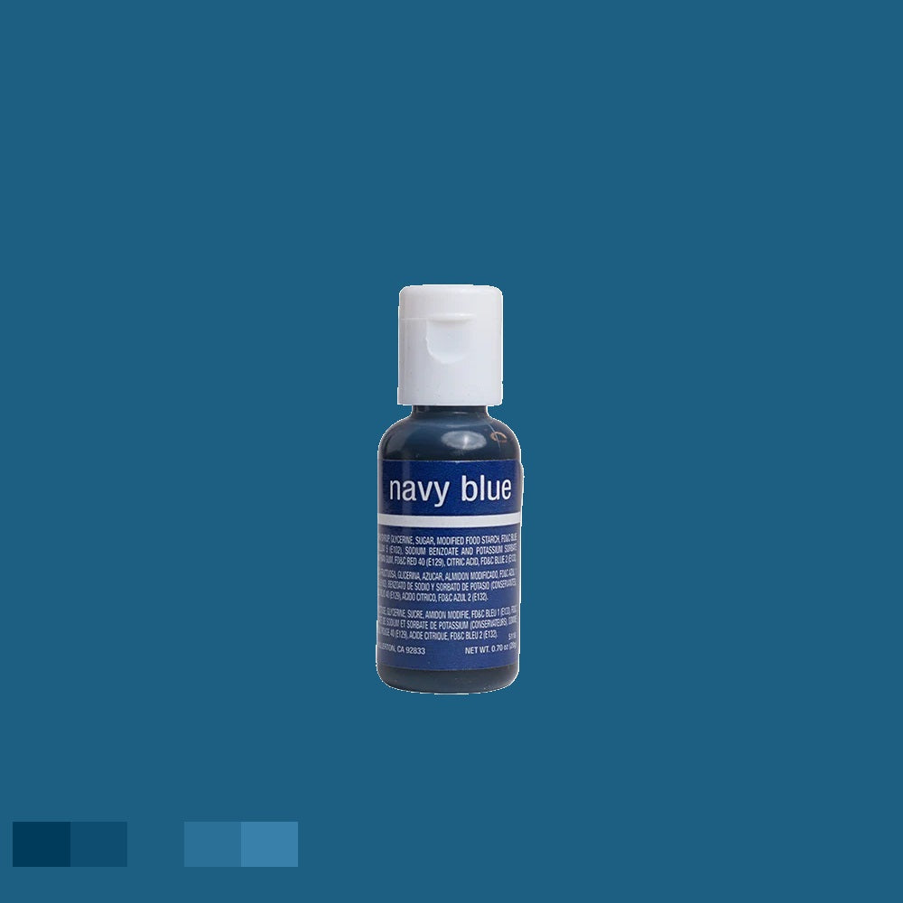A bottle with a dark blue gel, the label is marked "navy blue" in white letters. The cap is white, and the label provides the product's details in white text.