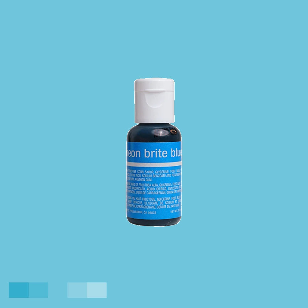 The bottle contains a bright blue gel, with "neon brite blue" in white on the label. A white cap tops the bottle, and the label includes ingredients in white text.