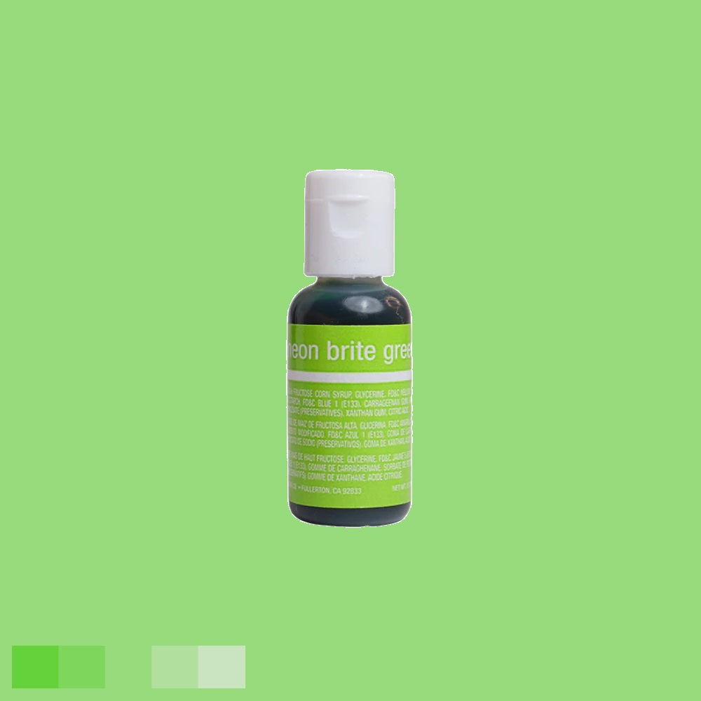 This image shows a bottle with a neon green liquid, the label reading "neon brite green" in white text. The cap is white, and the label provides detailed product information in white lettering.