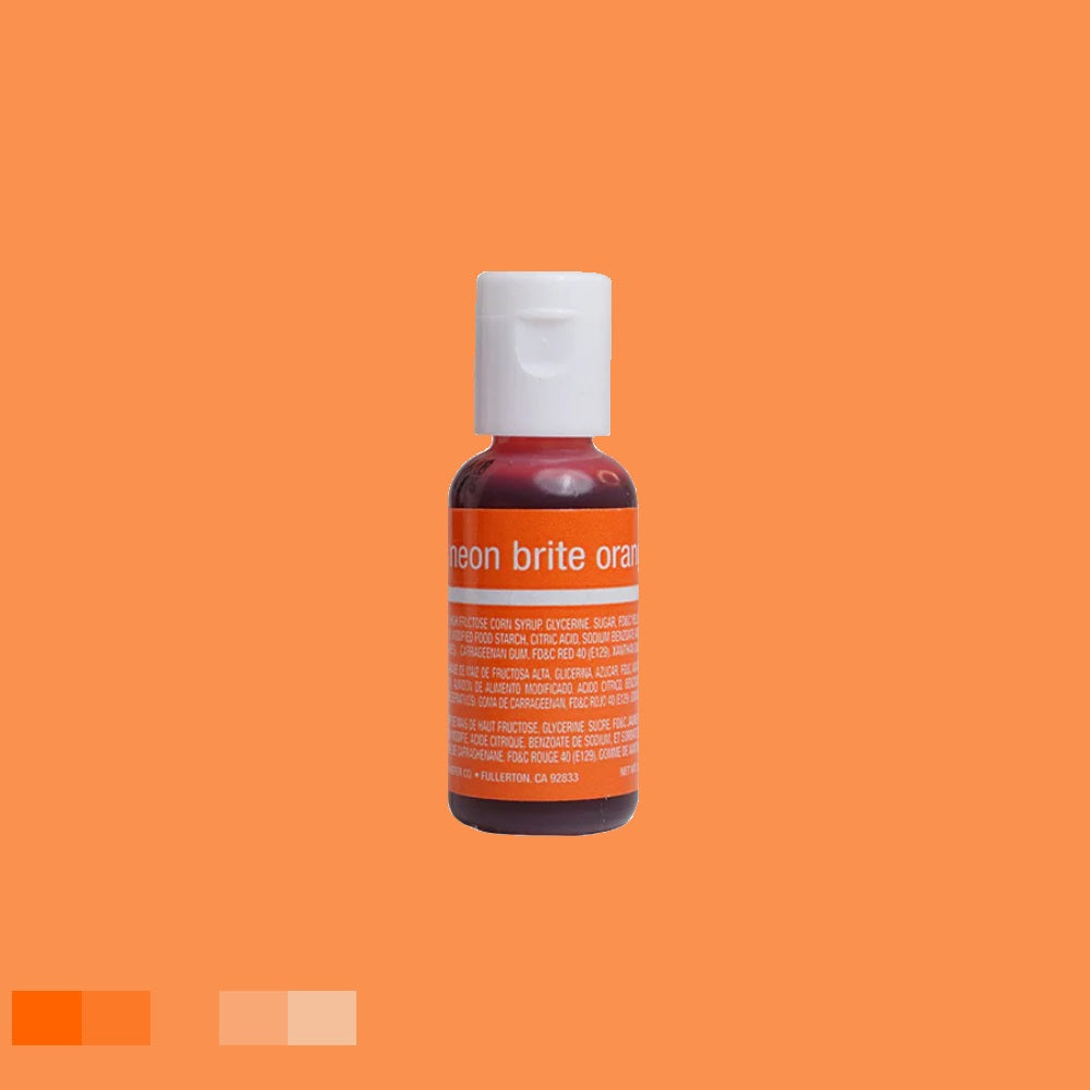 Chefmaster liqua-gel in neon brite orange, 0.70 oz bottle, vibrant orange edible dye for cake decorating and baking, with white cap, on an orange background.