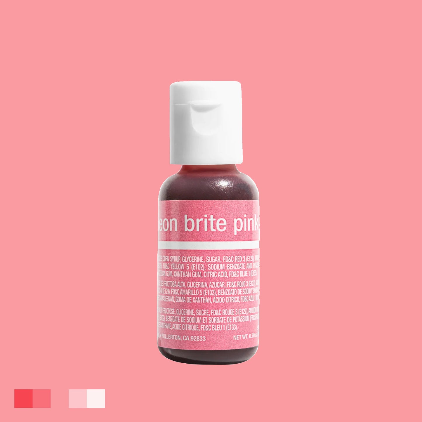 Vibrant neon brite pink Chefmaster food coloring gel, 0.70 oz, ideal for frosting and sugarcraft, featuring a white cap and detailed ingredient list on pink background.