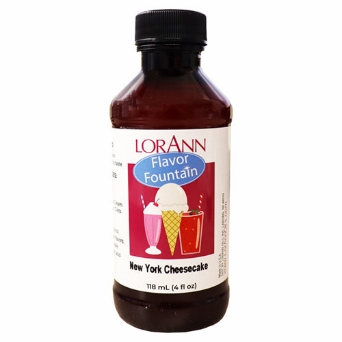 LorAnn New York Cheesecake Flavor Fountain bottle with illustrated label of ice cream and shakes, used to flavor frozen desserts with rich cheesecake flavor