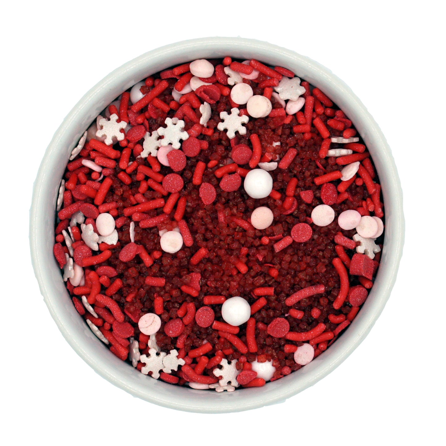 "Night Before Christmas" sprinkle blend featuring deep red sprinkles, sugar crystals, white snowflake confetti, and soft pink pearls.