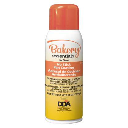 Bakery Essentials No Stick Pan Coating aerosol spray can with an orange cap and white, orange, and yellow label, shown on a white background.