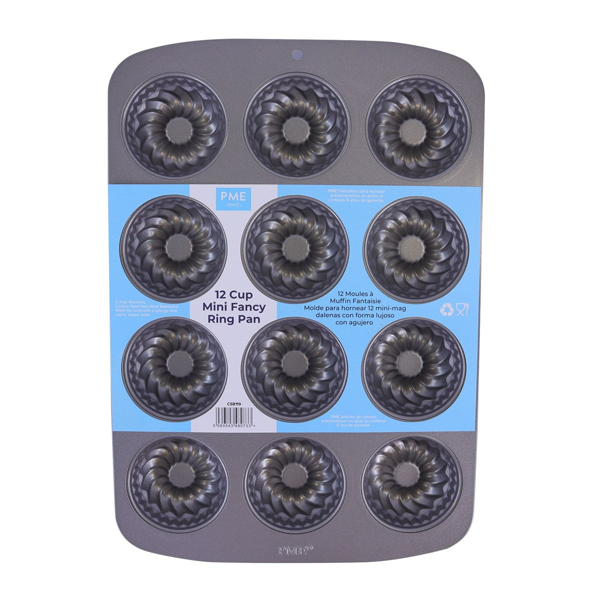 PME 12 Cup Mini Fancy Ring Pan in retail packaging, featuring non-stick swirled cavity design.