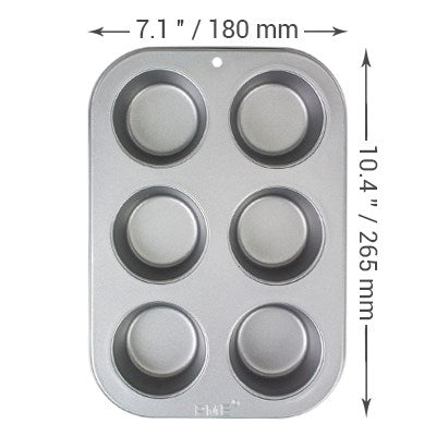 Top view of PME 6 Cup Muffin Pan with width and length measurements indicated.