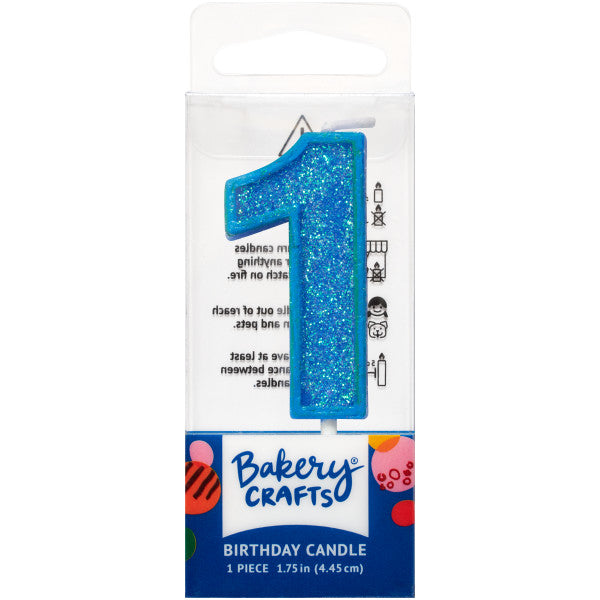 Glittery blue number one 1.75" birthday candle in packaging from Bakery Crafts.