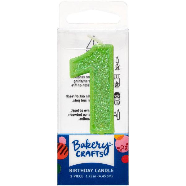 Glittery lime number one 1.75" birthday candle in packaging from Bakery Crafts.