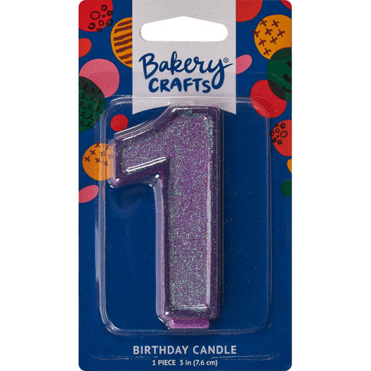 Glittery purple number one 3" birthday candle in packaging from Bakery Crafts.