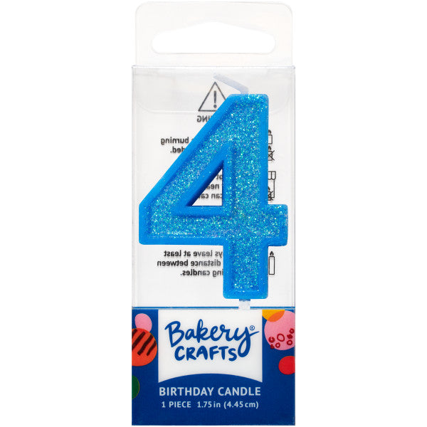 Glittery blue number four 1.75" birthday candle in packaging from Bakery Crafts.