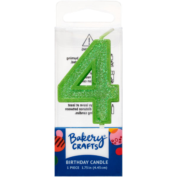 Glittery lime number four 1.75" birthday candle in packaging from Bakery Crafts.