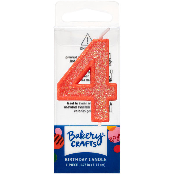 Glittery orange number four 1.75" birthday candle in packaging from Bakery Crafts.