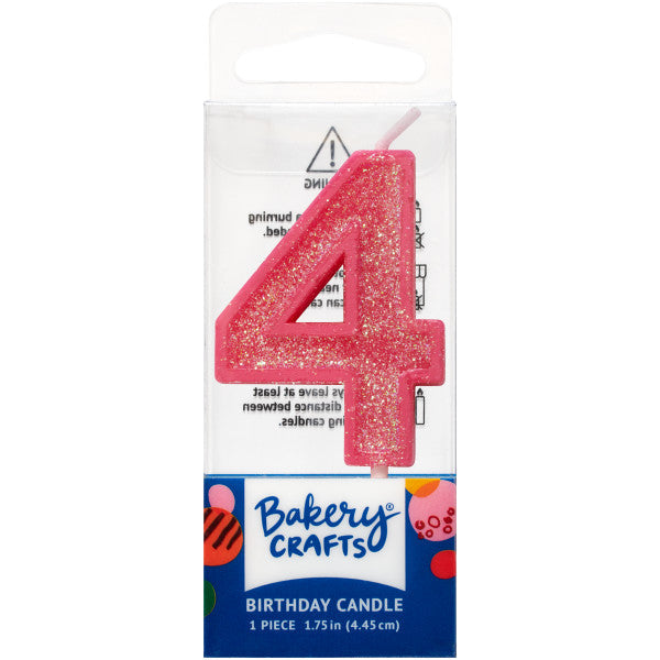 Glittery pink number four 1.75" birthday candle in packaging from Bakery Crafts.