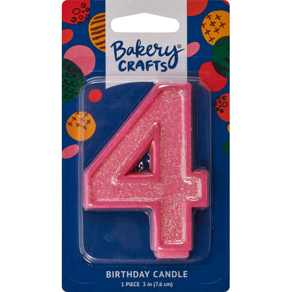 Glittery pink number four 3" birthday candle in packaging from Bakery Crafts.