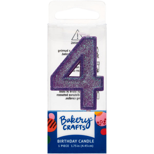 Glittery purple number four 1.75" birthday candle in packaging from Bakery Crafts.